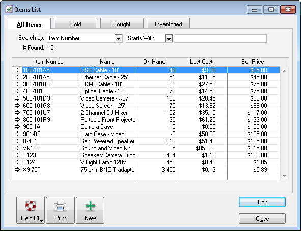 Items list