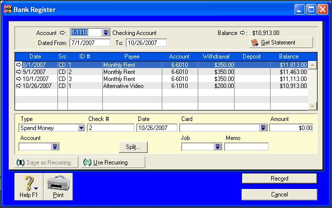 The BusinessBasics bank register